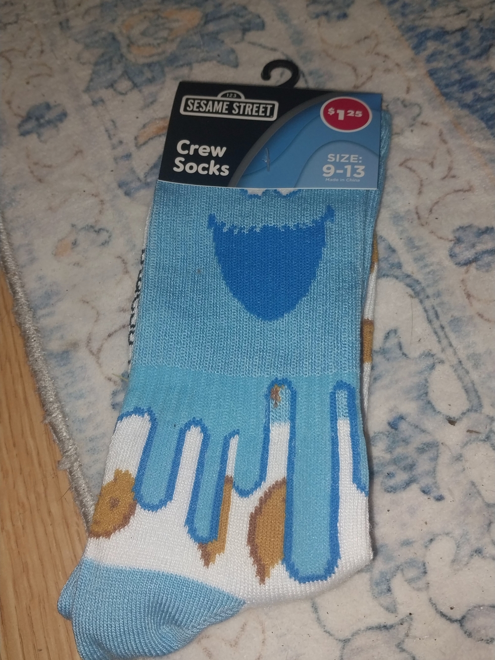 Sesame Street Cookie Monster Light Blue & White Crew Socks